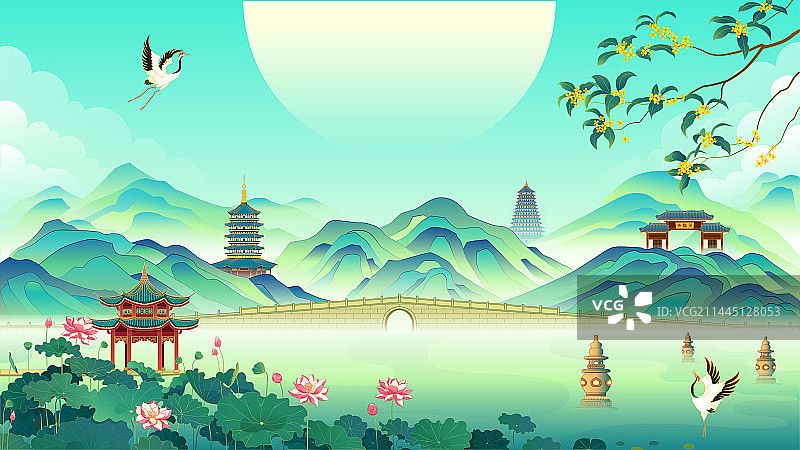 国潮杭州古建筑矢量插画图片素材