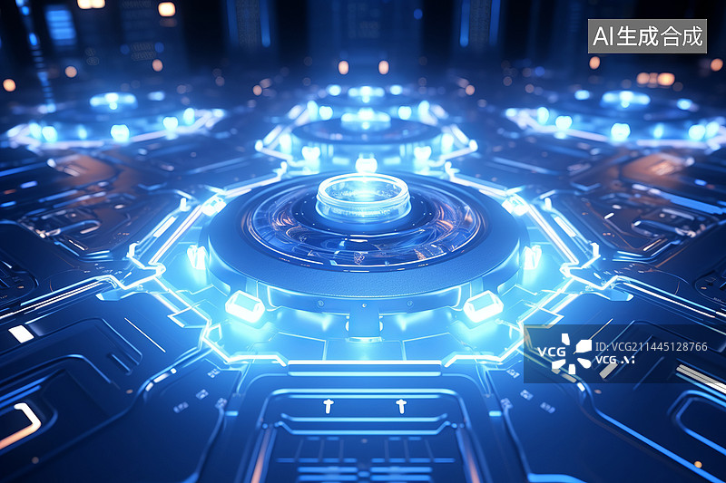【AI数字艺术】发光的电路板中央有一个高科技能量核心图片素材