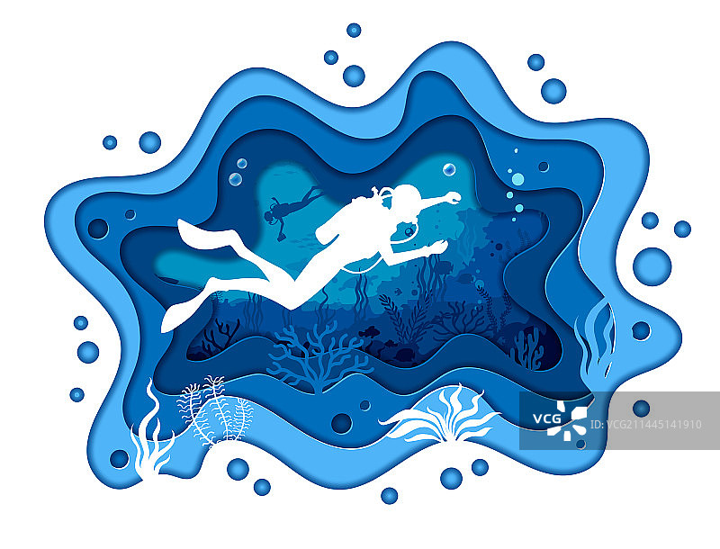水肺潜水员与海底世界剪纸图片素材
