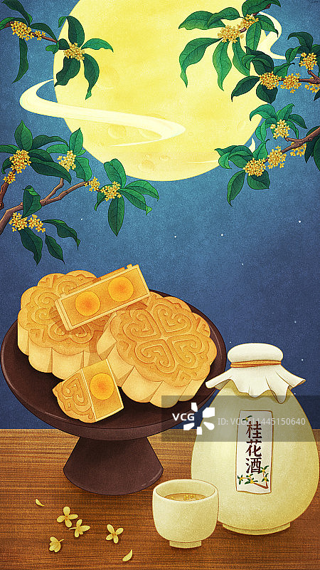 满月桂花树下月饼桂花酒图片素材