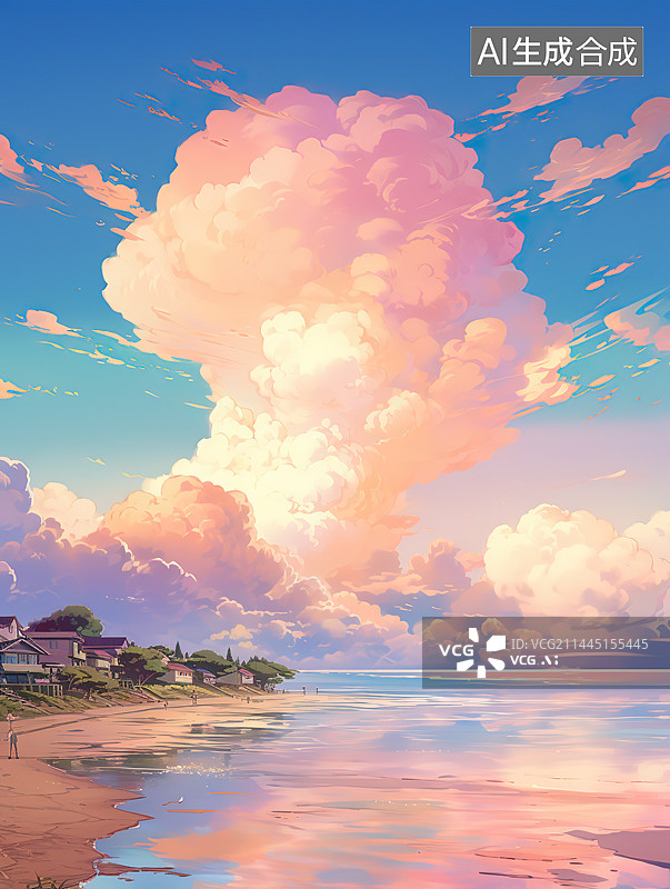 【AI数字艺术】日落时的海景和多云的天空图片素材