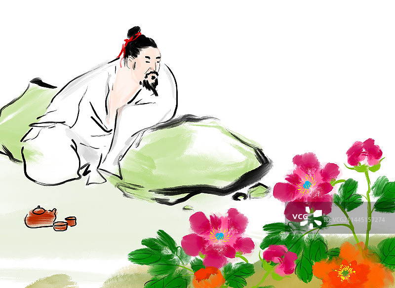 喝茶赏牡丹白色背景下有花的人的肖像图片素材