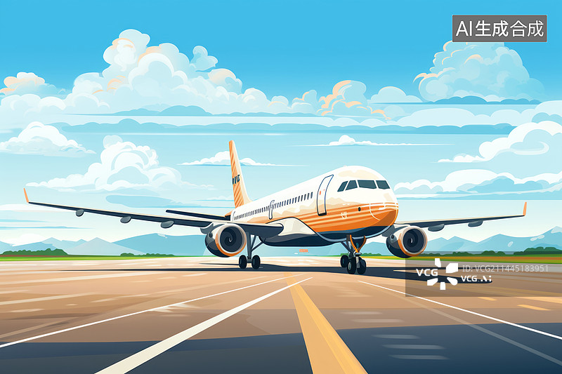 【AI数字艺术】飞机场跑到上的飞机插画绘画插图图片素材