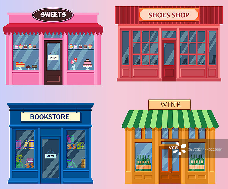 渐变背景上的卡通商店套装图片素材