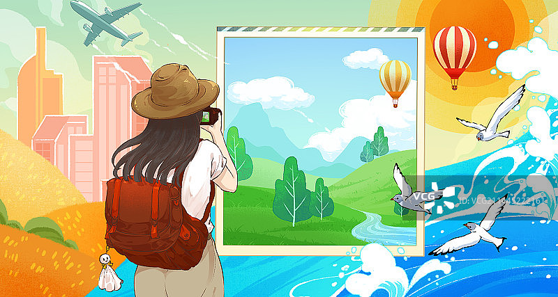 开心的背着包旅游的女孩图片素材