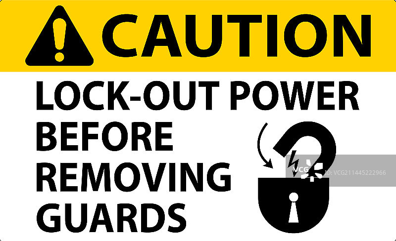 白色背景上的锁定电源危险提示标签图片素材