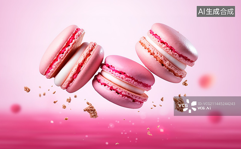 【AI数字艺术】粉红色背景下的马卡龙特写镜头图片素材