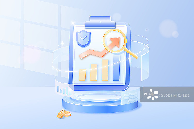 商务金融放大镜查看剪贴板上的金融数据柱状图和上升箭头图片素材