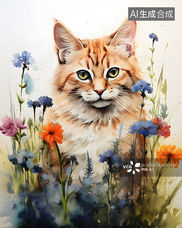 【AI数字艺术】AIGC:一只可爱的小猫躲在花丛中图片素材