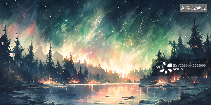 【AI数字艺术】美丽壮观北极光在极地天空唯美大场景插图图片素材