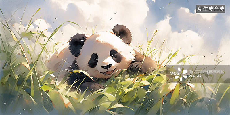 【AI数字艺术】蓝天白云下小熊猫在草地上玩耍唯美水彩插画图片素材