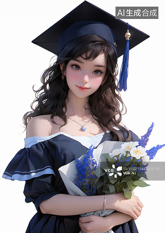 【AI数字艺术】年轻美丽的毕业生女孩捧着花束图片素材