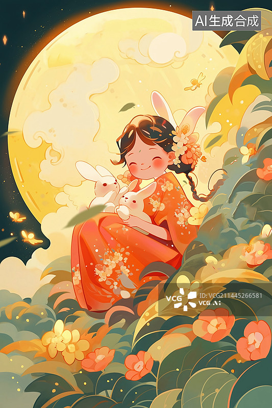 【AI数字艺术】中秋节女孩抱着兔子插画，嫦娥奔月图片素材
