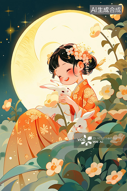 【AI数字艺术】中秋节女孩抱着兔子插画，嫦娥奔月图片素材