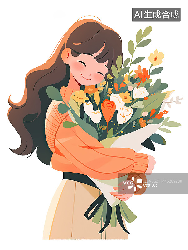 【AI数字艺术】抱着鲜花的女孩图片素材