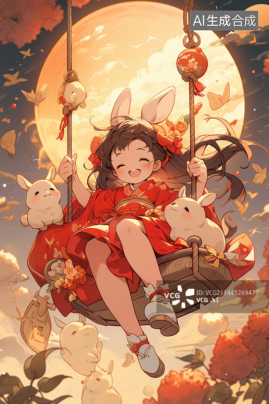 【AI数字艺术】小女孩月下与兔子荡秋千，中秋节主题图片素材