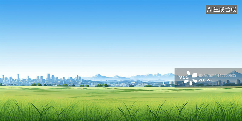 【AI数字艺术】公园草地城市天际系与蓝天背景图插画图片素材