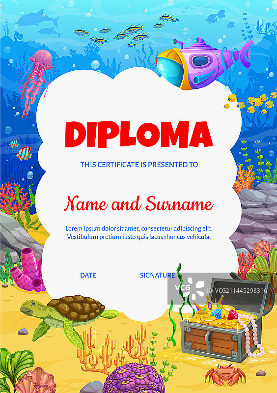 卡通海底景观儿童文凭图片素材