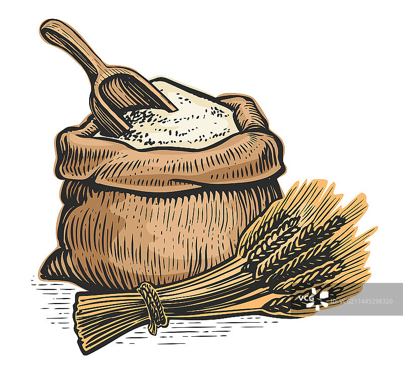 麦穗麻袋装面粉木勺图片素材