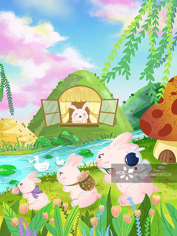 宇航员与兔子的夏天图片素材