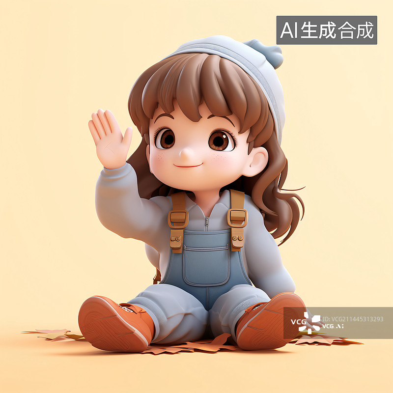 【AI数字艺术】女孩坐在秋天的落叶上面，3D插画图片素材