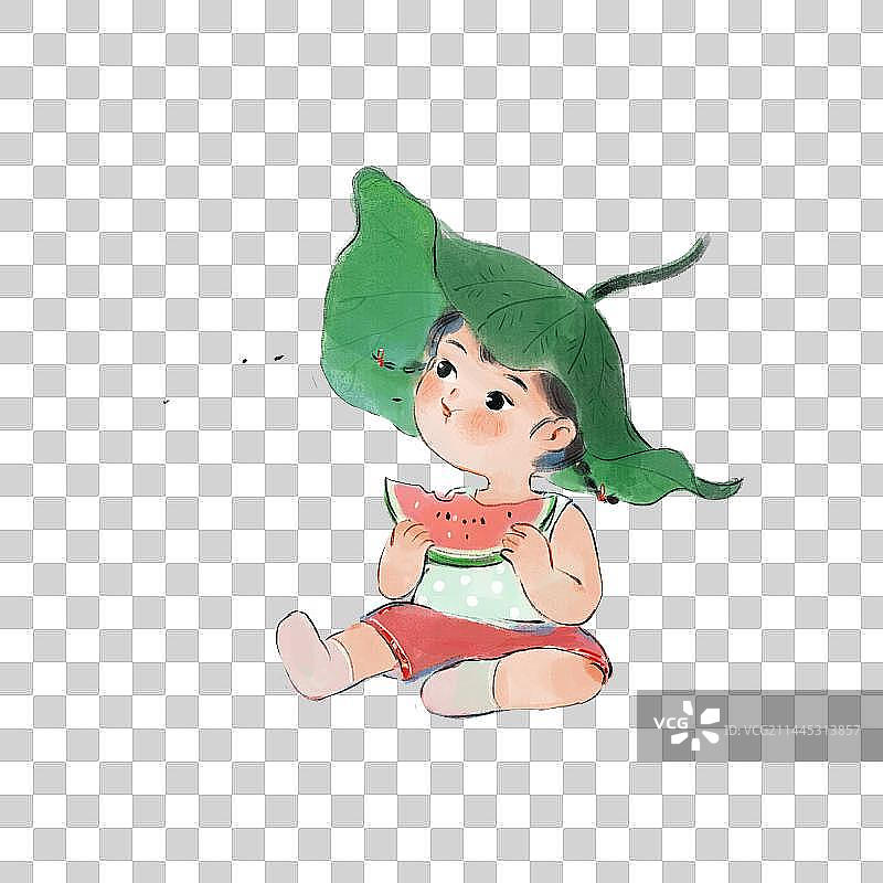 顶着荷叶的吃西瓜的女孩图片素材