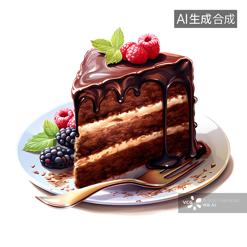 【AI数字艺术】AIGC:巧克力蛋糕搭配树莓 薄荷叶图片素材