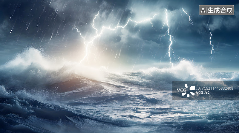 【AI数字艺术】AIGC:海上雷雨天气闪电图片素材