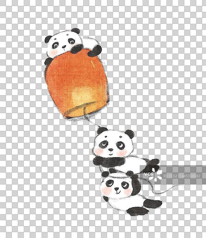 手绘水墨孔明灯与熊猫可爱免抠元素图片素材