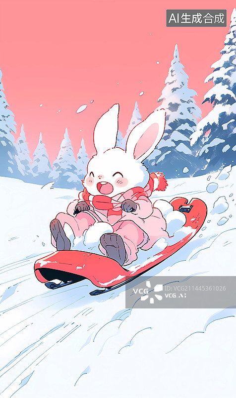 【AI数字艺术】滑雪板上可爱的兔子图片素材