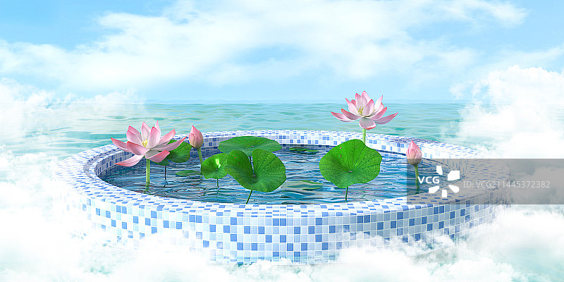 3D夏天唯美荷花插画场景图片素材