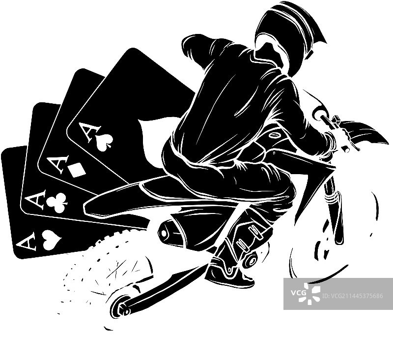 带扑克牌A的摩托车越野赛黑色剪影图片素材