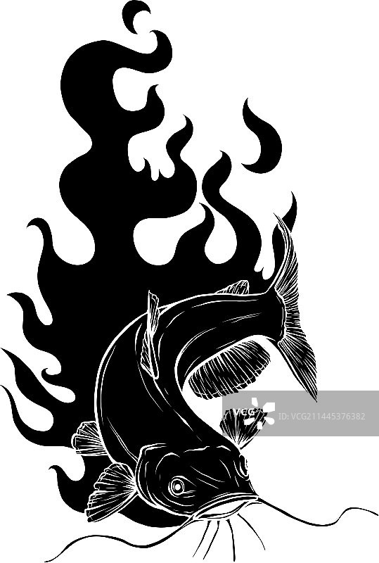 白色背景上带火焰的黑色鲶鱼剪影图片素材