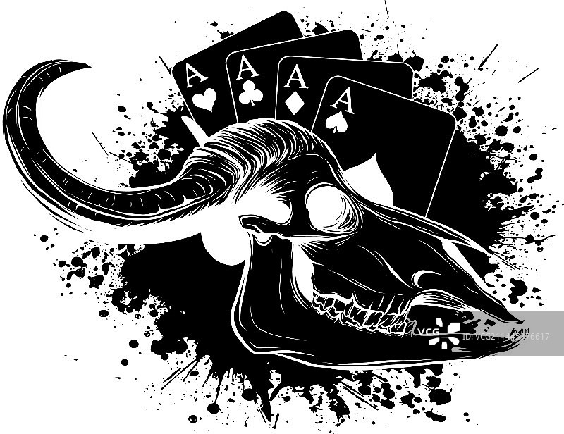 牛头骨和扑克牌A黑色剪影图片素材