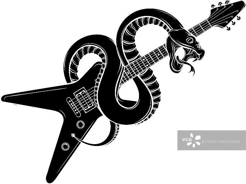 白色背景上的带蛇的黑色吉他轮廓图片素材