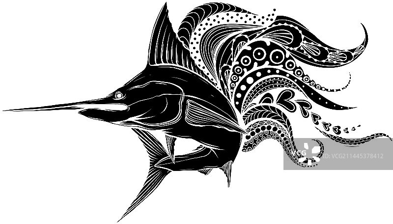 带有曼陀罗的马林鱼黑色剪影图片素材