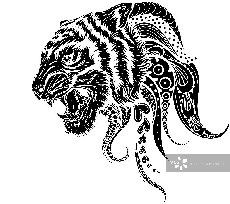 虎头曼陀罗艺术黑色轮廓图片素材