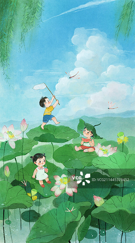 荷花池塘里快乐的儿童图片素材