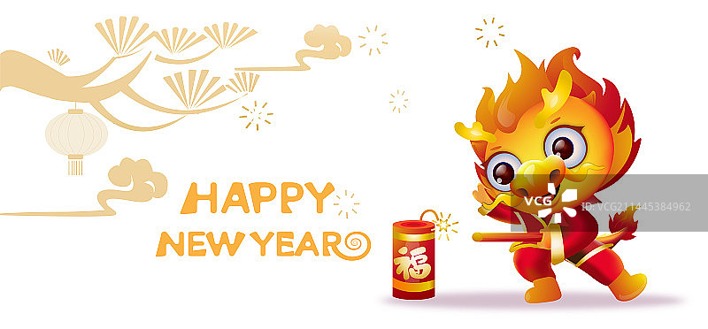 中国风卡通辰龙在除夕点鞭炮祈福插画图片素材