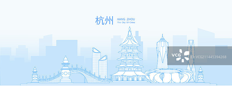杭州淡雅渐变简约线条地标旅游矢量城市图片素材