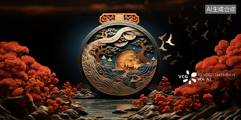 【AI数字艺术】中国传统山水画剪纸渲染风格图片素材