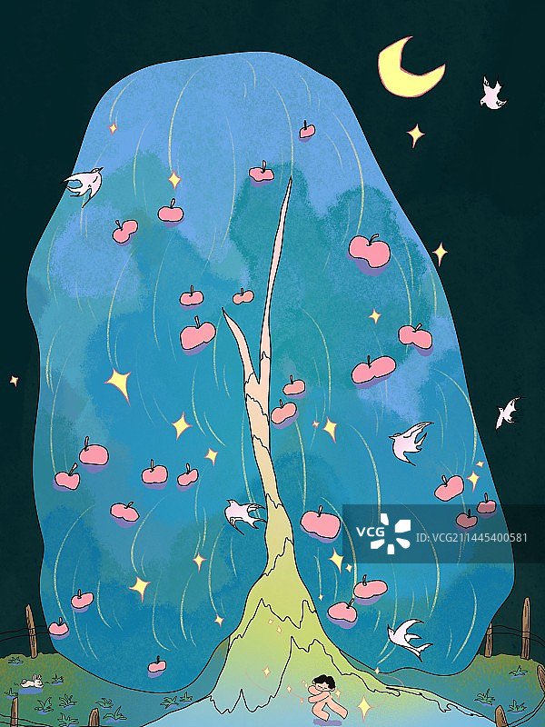 治愈插画苹果树下图片素材