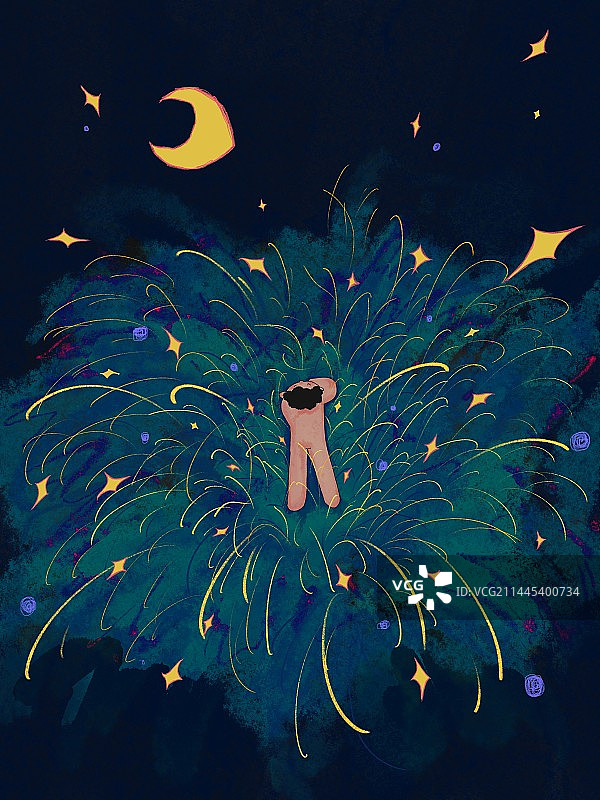 治愈插画躺在星星草坪上放松图片素材