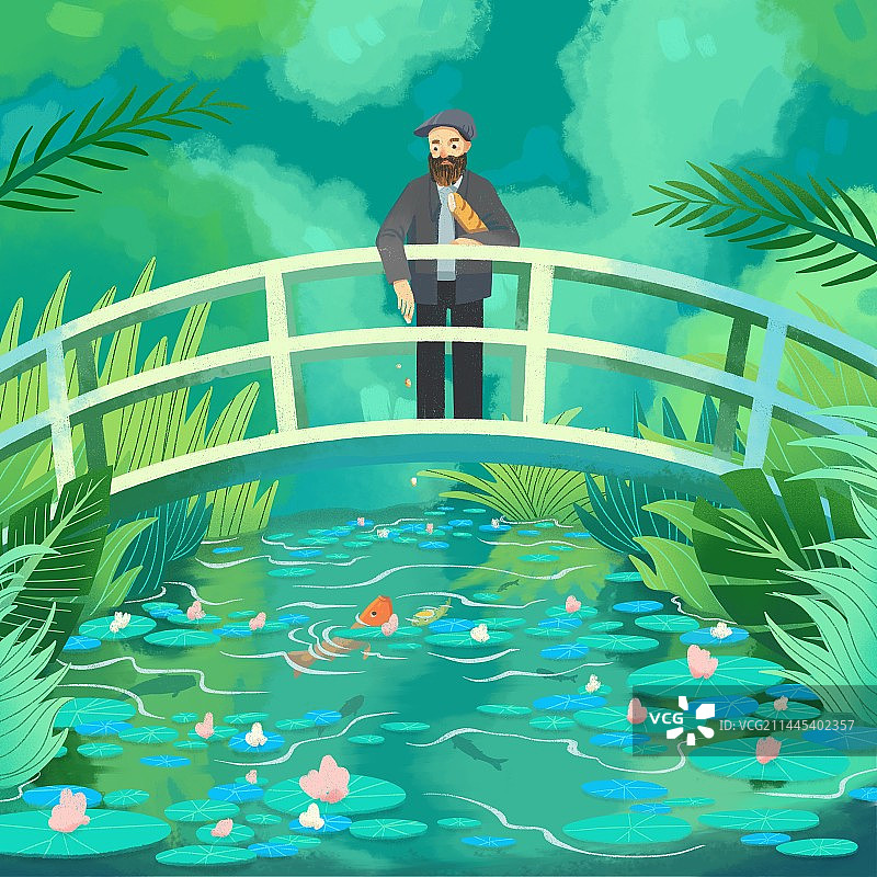 莫奈在睡莲桥上喂金鱼图片素材