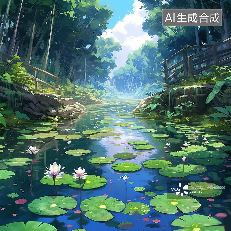【AI数字艺术】池塘风景图片素材