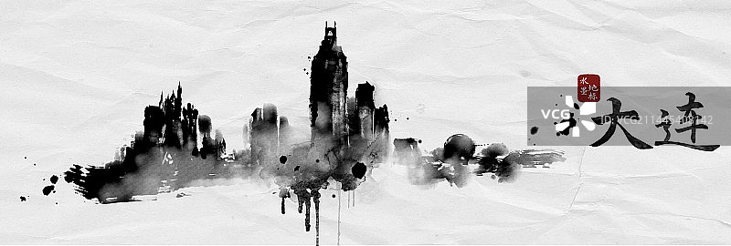 大连水墨地标建筑中国风城市背景图片素材