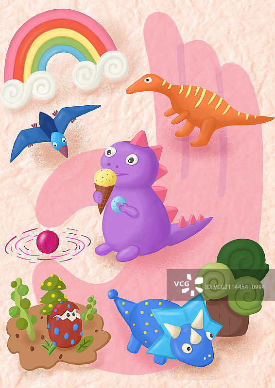 恐龙彩虹植物蛋儿童玩具黏土拿捏可爱卡通手绘插画图片素材