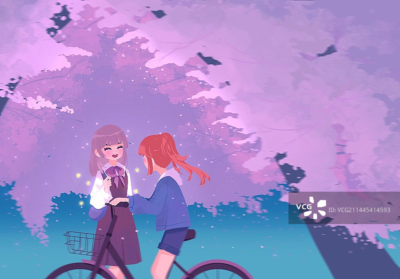 两个女孩在樱花树下交谈图片素材