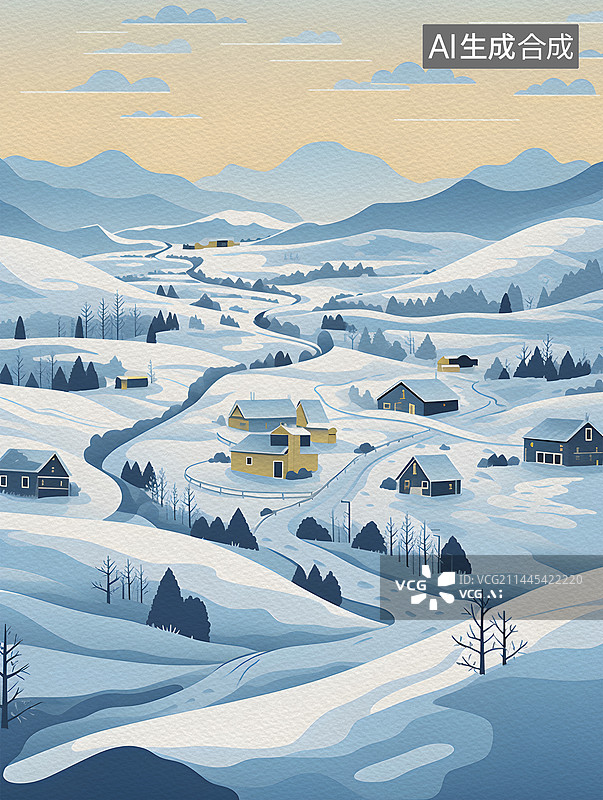 【AI数字艺术】十二月扁平风新年户外雪景自然风景月历年历图片素材