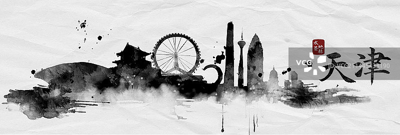 天津水墨地标建筑中国风城市背景图片素材